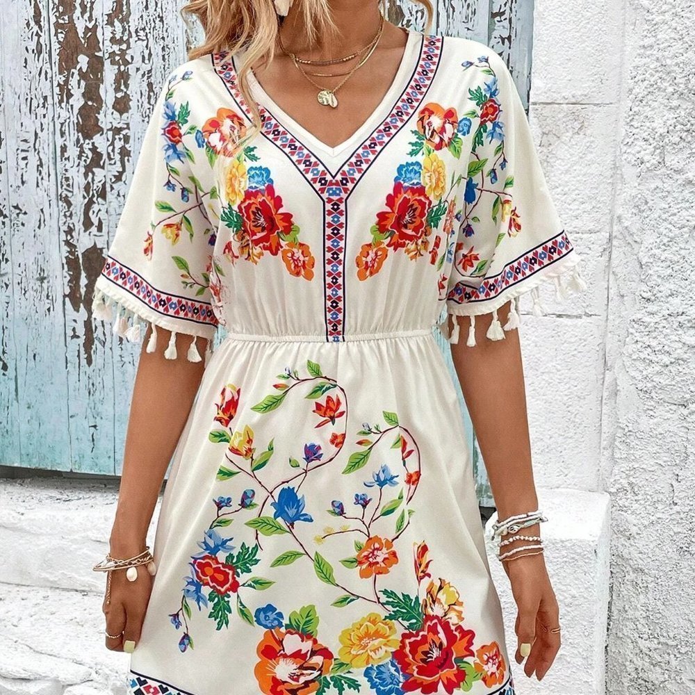 Apricot Boho  Womens Floral Print Tassel Trim Batwing Sleeve Dress - Picture 5 of 5